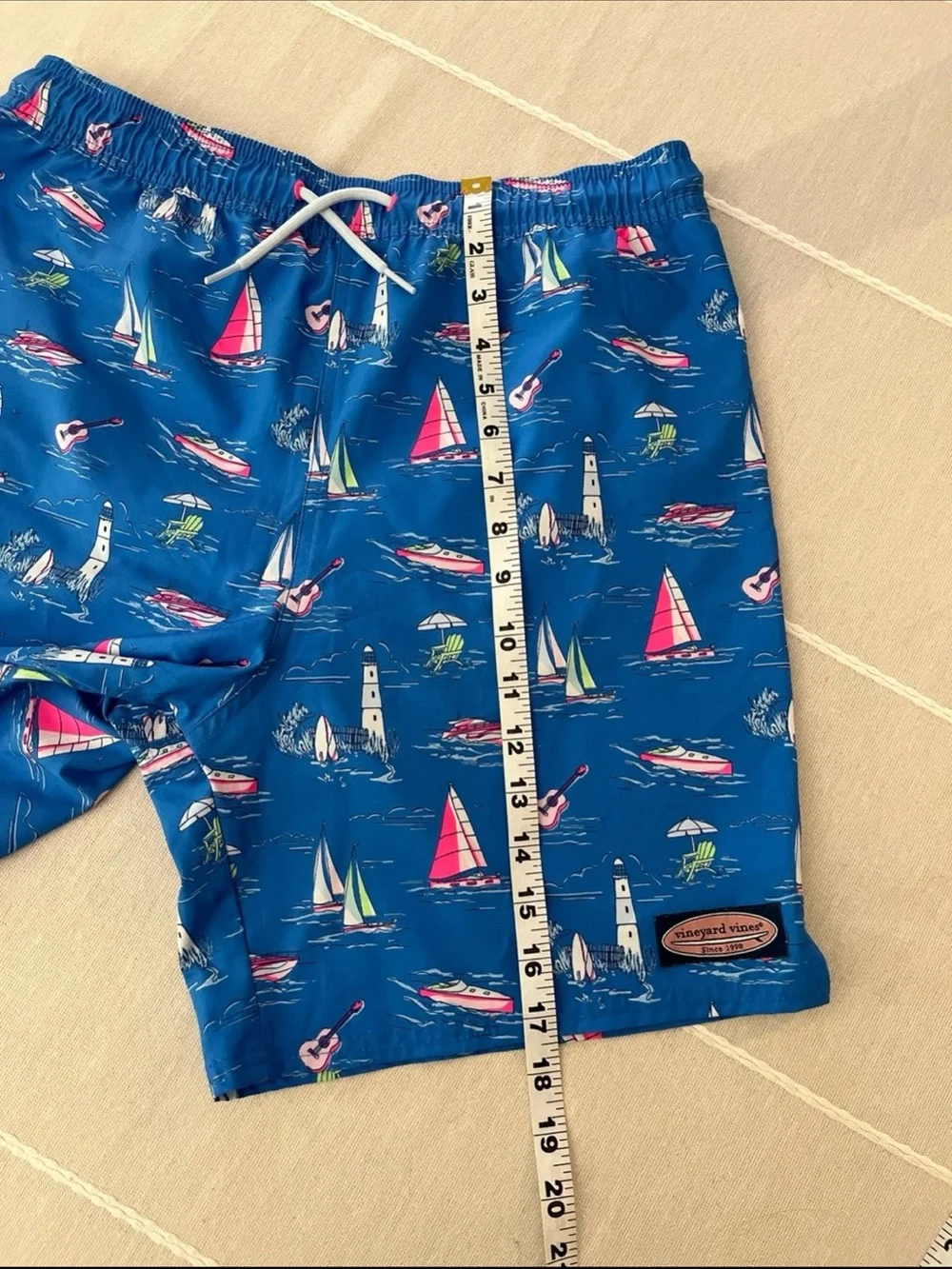 Vineyard Vines Swim Trunks Blue Coastal Nautical Print Boys - XL